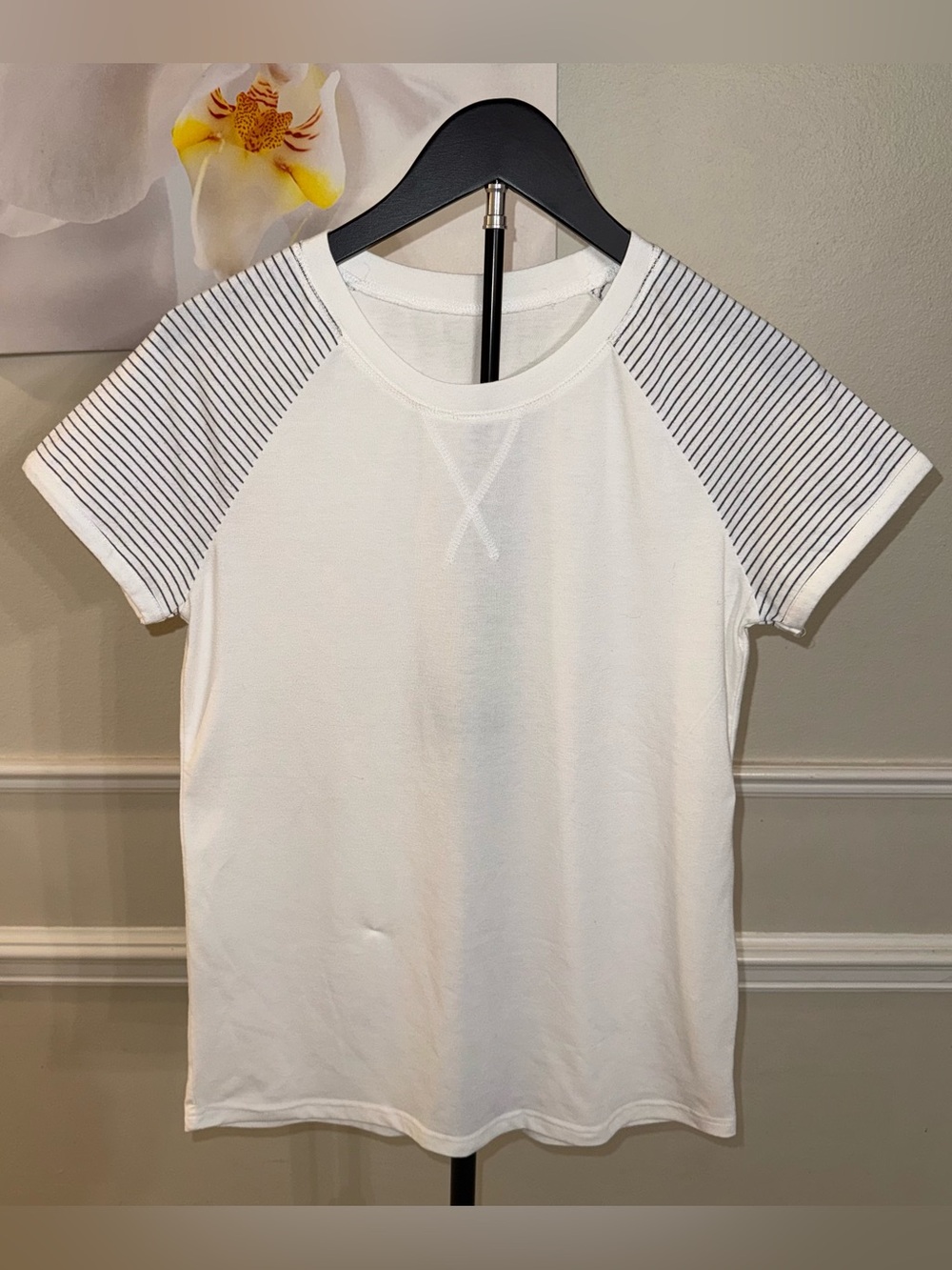 Women's White and Gray Striped Sleeve Crew Neck Short Sleeve Tee! Size Small.